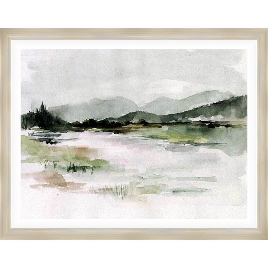 Evoke tranquility with this abstract watercolor landscape. Gentle washes of color depict a serene scene of mountains and water, creating a calming atmosphere. Perfect for adding a touch of nature-inspired art to any space.