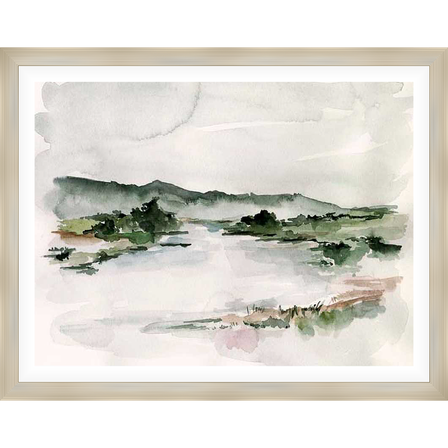 A serene watercolor painting depicts a tranquil landscape, featuring a misty mountain range, lush greenery, and a calm body of water. The delicate washes of color and soft textures evoke a sense of peace and natural beauty.