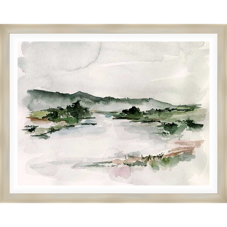 A serene watercolor painting depicts a tranquil landscape, featuring a misty mountain range, lush greenery, and a calm body of water. The delicate washes of color and soft textures evoke a sense of peace and natural beauty.