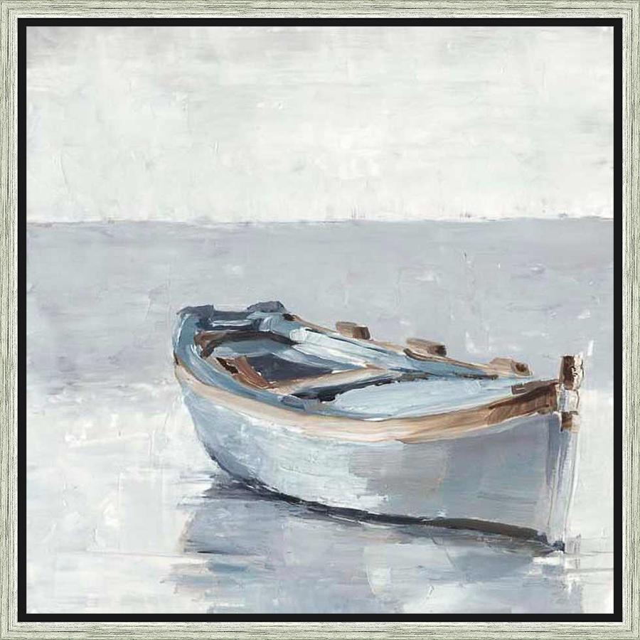 This evocative artwork presents a serene coastal scene featuring a weathered boat gently resting on the water's surface. The painting utilizes a soft, muted color palette, lending a tranquil and contemplative ambiance to any living space.