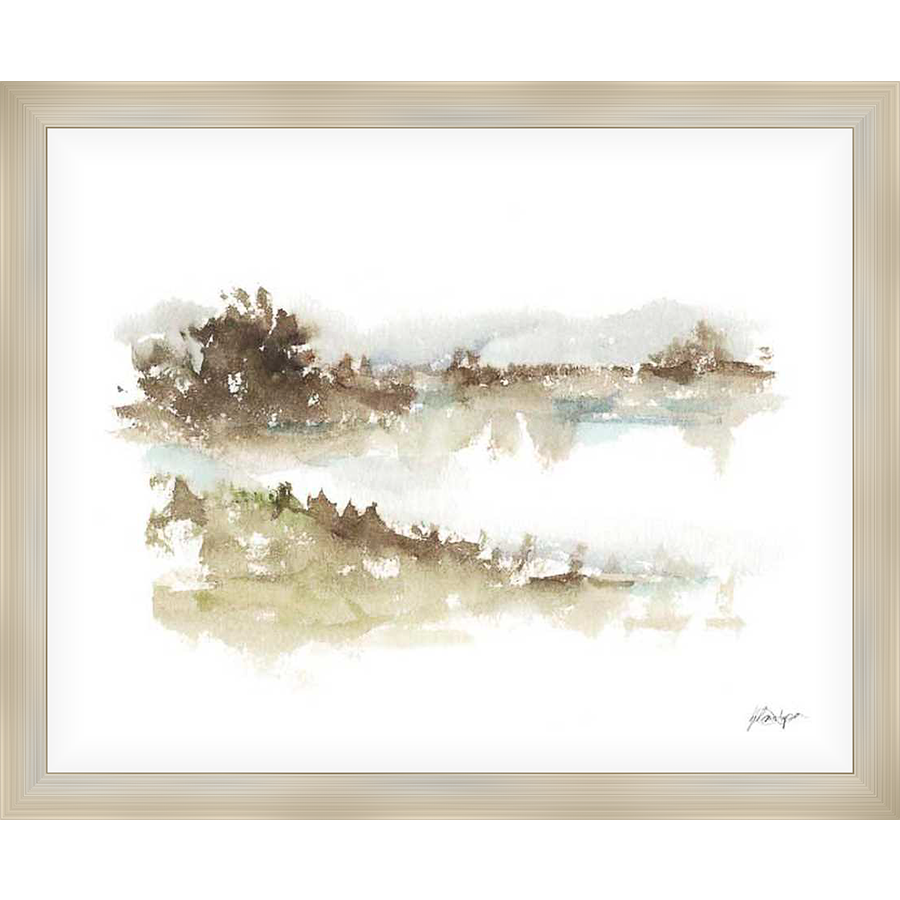 An abstract watercolor depicts a serene landscape of a reflective body of water and distant trees.  The muted tones of the artwork create a tranquil and calming atmosphere.