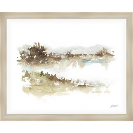 An abstract watercolor depicts a serene landscape of a reflective body of water and distant trees.  The muted tones of the artwork create a tranquil and calming atmosphere.