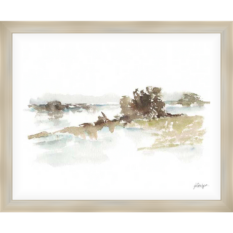 A serene watercolor painting depicts a misty landscape with subtle details. The artwork features a tranquil scene of a body of water reflecting the soft colors of the surrounding environment, creating a calming and atmospheric visual experience.