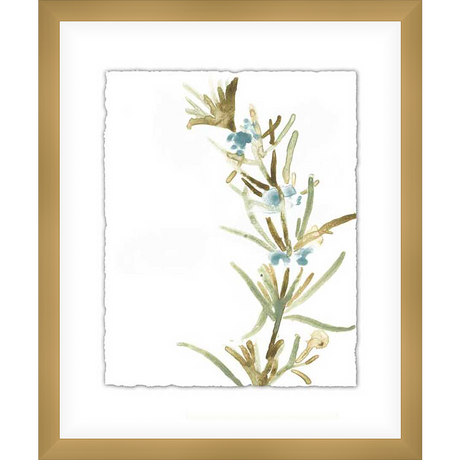 A delicate watercolor painting showcases a sprig of rosemary, rendered with soft brushstrokes and subtle color variations. The artwork evokes a sense of tranquility and natural beauty, perfect for adding a touch of organic charm to any space.
