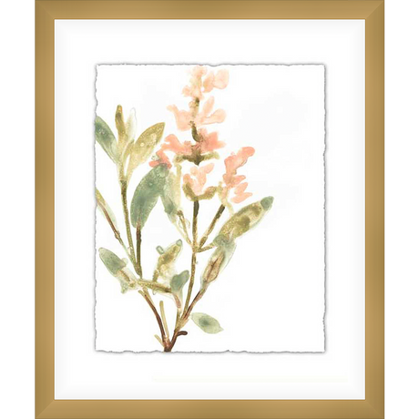 A delicate botanical watercolor showcases soft pink blossoms and lush green foliage, evoking a sense of tranquility and natural beauty.