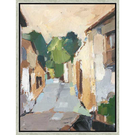 This original oil painting captures a sunlit street scene, featuring buildings, trees, and a sense of depth through the use of color and texture. The artwork invites the viewer to immerse themselves in the charming atmosphere of a peaceful urban setting.