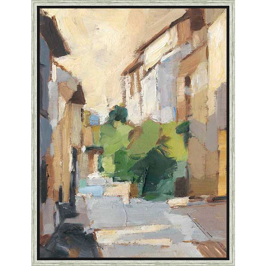 A textured and atmospheric oil painting captures the essence of a European alleyway, with buildings casting shadows and lush greenery adding depth, perfect for bringing a touch of artistry to any space.