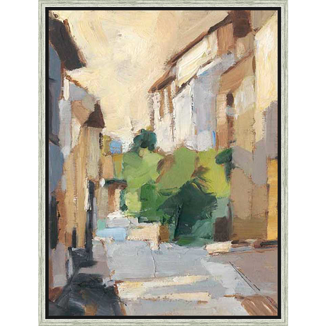 A textured and atmospheric oil painting captures the essence of a European alleyway, with buildings casting shadows and lush greenery adding depth, perfect for bringing a touch of artistry to any space.