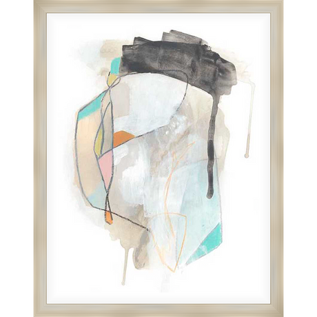 This abstract artwork features a blend of organic shapes and bold lines, incorporating a palette of soft and vibrant colors to create depth and visual interest. This piece is a modern addition to any living space or office.