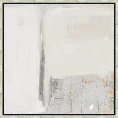 This abstract artwork showcases a minimalist composition of overlapping shapes and textures, creating a sense of depth and subtle complexity. The piece is dominated by muted tones with a splash of color, making it a versatile addition to any modern decor.