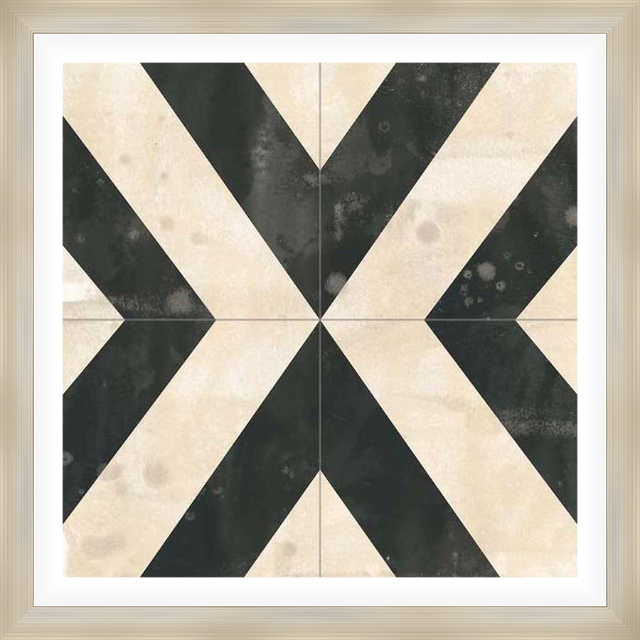 Modern geometric artwork with a bold chevron pattern, featuring a blend of stark black and off-white hues that evokes a sense of contemporary elegance and sophistication.