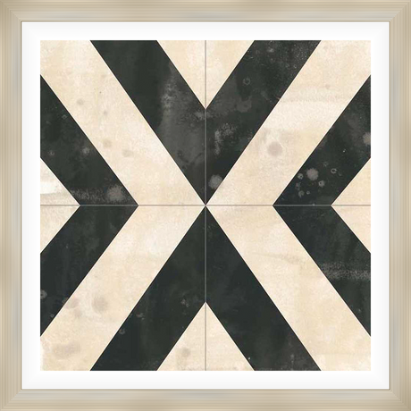 Modern geometric artwork with a bold chevron pattern, featuring a blend of stark black and off-white hues that evokes a sense of contemporary elegance and sophistication.