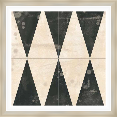 A contemporary artwork featuring a geometric pattern of black and off-white triangles, lending a touch of modern elegance. The piece has a distressed, textured appearance which adds depth and visual interest.