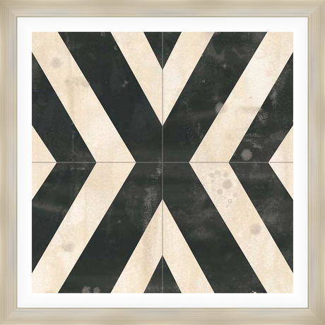 This artwork features a bold, graphic design of intersecting chevron patterns. The distressed aesthetic of the artwork adds visual interest and texture to the design.
