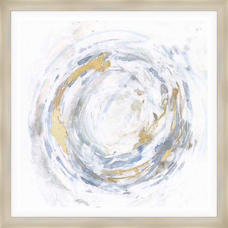 This abstract art piece features a swirling design with a central vortex. The piece uses blended textures and layered washes of color that evoke movement. Touches of gold add depth and luminosity, resulting in a modern, elegant feel.