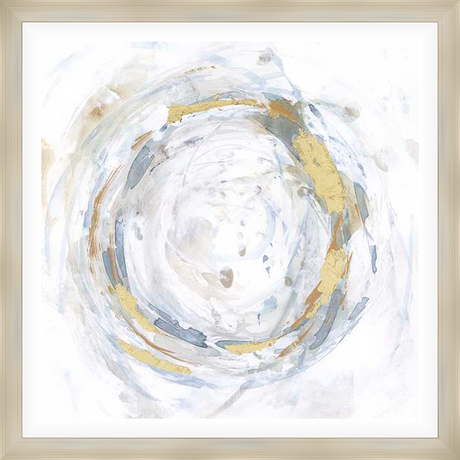 This abstract artwork features a swirling, ethereal design with subtle color variations and gilded accents. The piece evokes a sense of movement and depth, creating a focal point for any interior space.