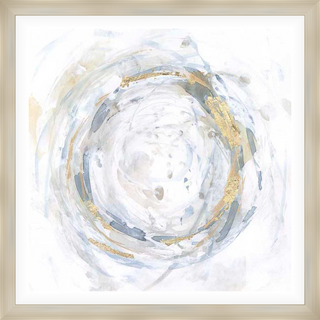 This abstract artwork features a swirling design of layered brushstrokes with metallic gold accents, creating a sense of movement and depth. This piece will add a touch of elegance to any space.