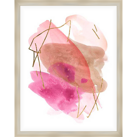 This abstract artwork showcases a captivating blend of watercolor washes in varying shades of pink and beige, accented with delicate gold metallic lines that add a touch of elegance and depth. The piece evokes a sense of fluidity and artistic expression, making it a perfect addition to any modern interior.