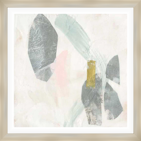 This abstract artwork features a delicate interplay of shapes and colors. Soft washes of pastel hues are contrasted by bolder, textured elements, creating a sense of depth and visual interest. The piece evokes a feeling of calm and sophistication, perfect for adding an artistic touch to any space.