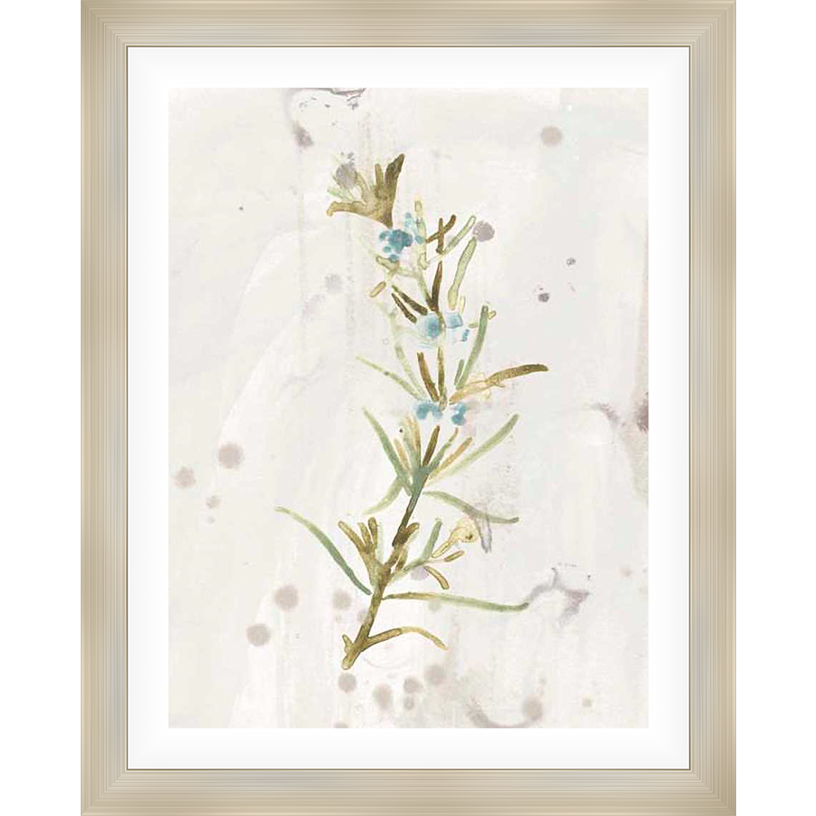 This elegant print features a delicate botanical illustration of a sprig of rosemary. The artwork utilizes soft watercolor techniques, showcasing subtle textures and a soothing color palette, adding a touch of nature-inspired serenity to any space.