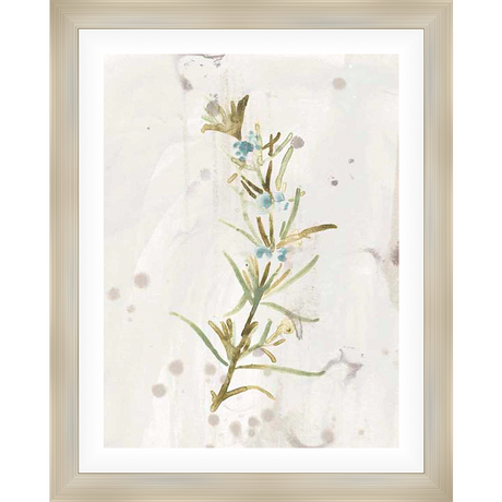 This elegant print features a delicate botanical illustration of a sprig of rosemary. The artwork utilizes soft watercolor techniques, showcasing subtle textures and a soothing color palette, adding a touch of nature-inspired serenity to any space.