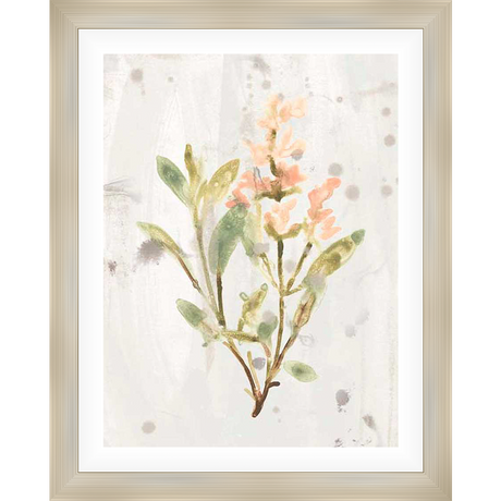A delicate watercolor botanical print featuring a spray of flowers and foliage. The artwork evokes a sense of serenity and natural beauty, ideal for adding a touch of elegance to any space.