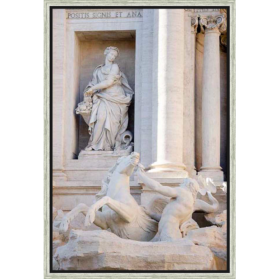 A magnificent depiction of the Trevi Fountain's neoclassical artistry, featuring a central sculptural group of mythical creatures and figures, all rendered in fine detail and classical style. This art piece captures the grandeur and elegance of Roman architecture.