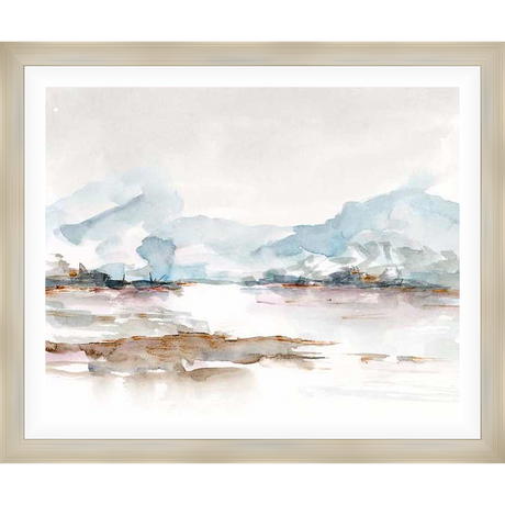 Evoking a serene landscape, this artwork features soft watercolor washes of color, suggesting a distant mountain range across a body of water. The piece captures a sense of calm and natural beauty, ideal for adding a touch of tranquility to any space.