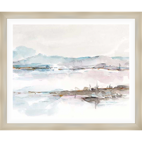This serene watercolor landscape artwork depicts a hazy horizon, with soft washes of color capturing a tranquil, dreamlike quality. The piece evokes a sense of peace and calm, perfect for adding a touch of tranquility to any space.