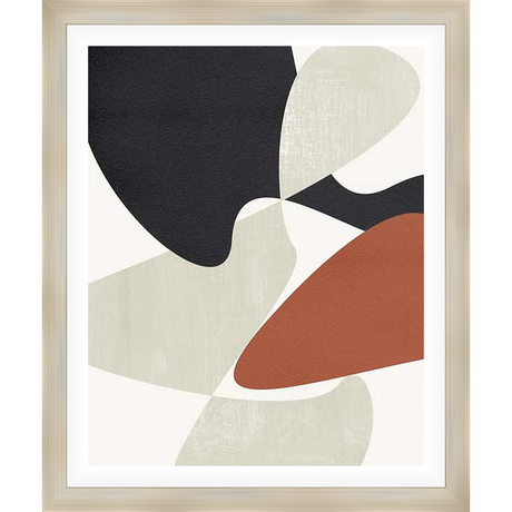This abstract artwork features organic shapes in a modern, minimalist design. The piece showcases a balanced composition of textures and colors, offering a sophisticated aesthetic. The artwork will enhance any interior with its stylish simplicity.