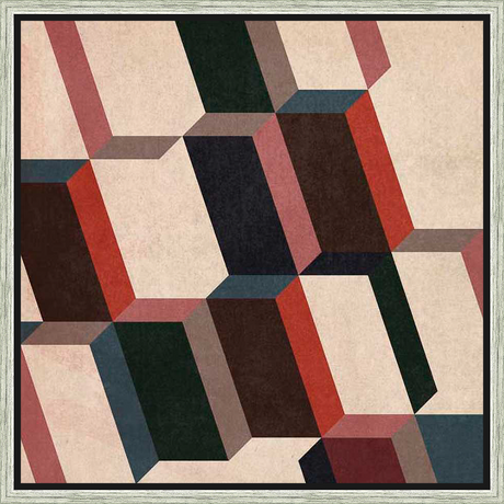 This striking artwork features a geometric design composed of three-dimensional shapes, creating a visually dynamic composition with its contrasting colors and textures. The artwork’s modern aesthetic adds an intriguing depth to any space.