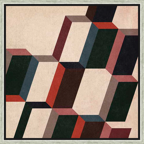 A unique piece showcasing an abstract geometric design, this artwork features a series of interlocking shapes and forms with a subtle textured background. The bold lines and color palette create a striking visual impact, making it a perfect accent for any modern space.