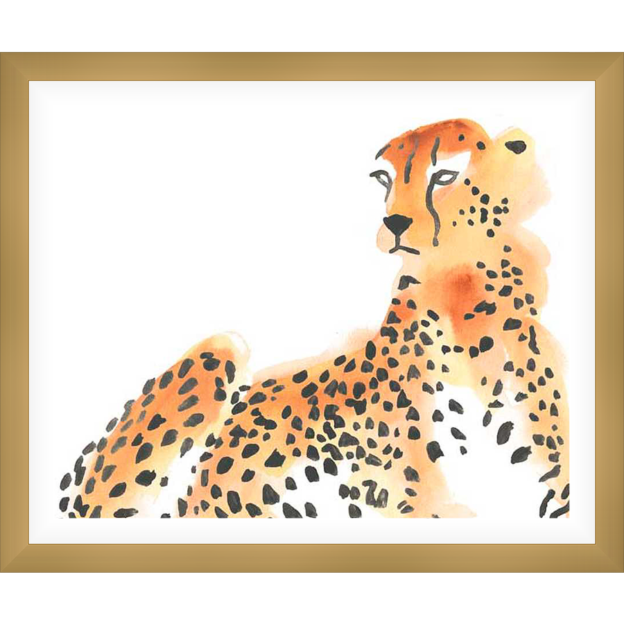 A watercolor illustration of a cheetah rests elegantly, showcasing its signature spots and relaxed posture. This artwork captures the grace and beauty of the animal kingdom with a minimalist aesthetic.