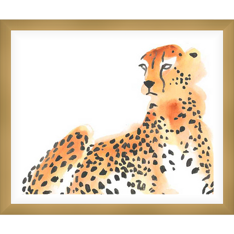 A watercolor illustration of a cheetah rests elegantly, showcasing its signature spots and relaxed posture. This artwork captures the grace and beauty of the animal kingdom with a minimalist aesthetic.