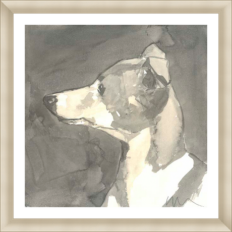 A serene watercolor portrait captures a regal dog in a minimalist style, with expressive brushstrokes that evoke both elegance and a gentle nature. This artwork is a striking addition to any space, blending modern artistry with a timeless subject.