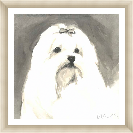 This charming artwork captures the endearing essence of a fluffy dog, rendered in a soft, watercolor style. The piece features a stylized portrait of the dog, highlighting its features with delicate strokes and a focus on its expressive eyes. It's an artful addition to any space, celebrating the joy and companionship of pets.