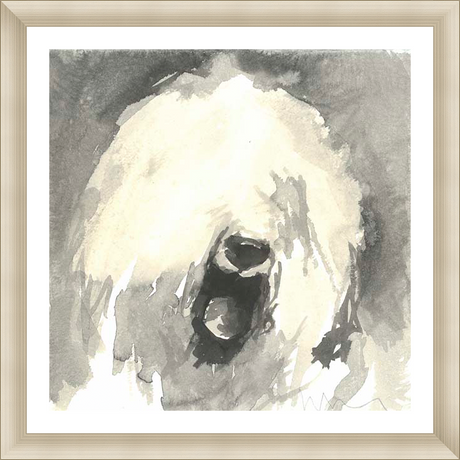 A stunning watercolor portrayal captures the essence of a startled dog in this artwork. This piece highlights the dog's open mouth and a sense of surprise in a minimalist style with the use of soft color washes.