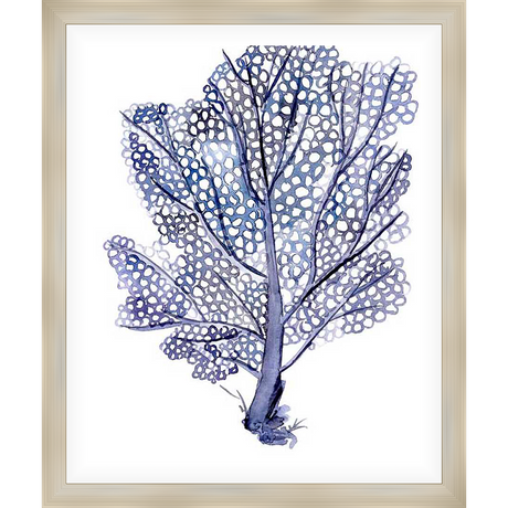 This art print showcases an intricate watercolor depiction of a sea fan in shades of blue. The delicate branches and textured details are beautifully rendered, creating an elegant coastal aesthetic. This piece is perfect for adding a touch of seaside charm to any living space.