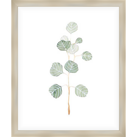 A delicate watercolor illustration showcases a sprig of eucalyptus, rendered with soft washes of color. This minimalist artwork evokes a sense of calm and natural beauty, perfect for adding a touch of serenity to any space.