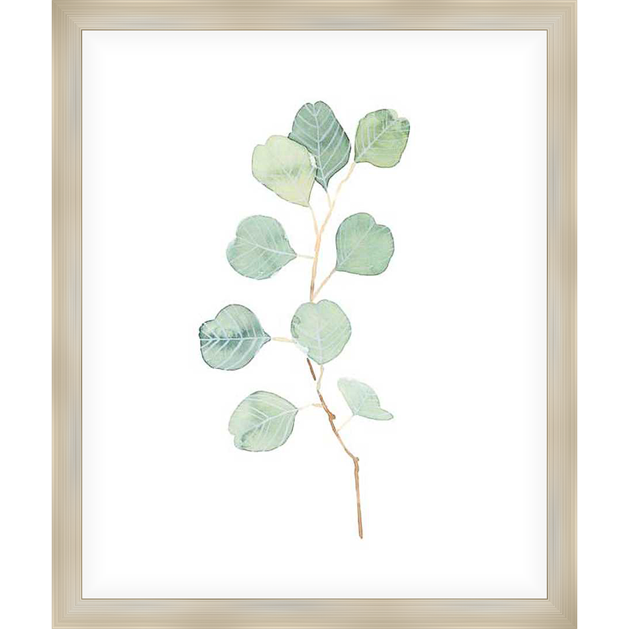 A delicate watercolor painting featuring a single eucalyptus branch, showcasing soft green leaves and a simple, elegant design. This artwork offers a touch of nature and tranquility, perfect for adding a serene element to any space.