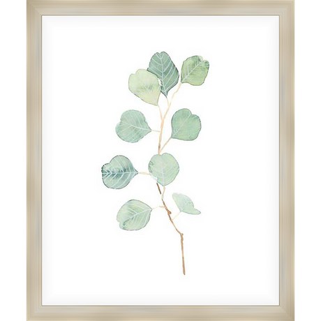 A delicate watercolor painting featuring a single eucalyptus branch, showcasing soft green leaves and a simple, elegant design. This artwork offers a touch of nature and tranquility, perfect for adding a serene element to any space.