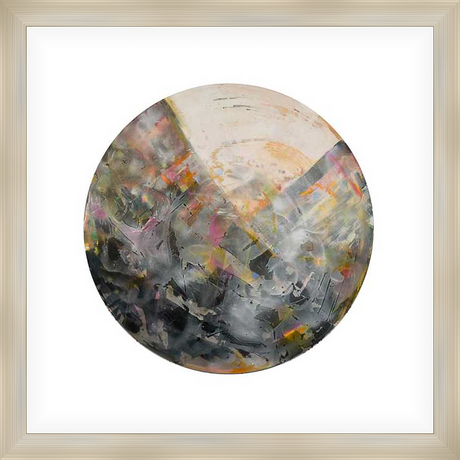 This abstract artwork features a circular composition with layered brushstrokes and a blend of colors, creating a dynamic and textured visual experience. The piece offers a modern aesthetic, perfect for adding a touch of artistic flair to any space.