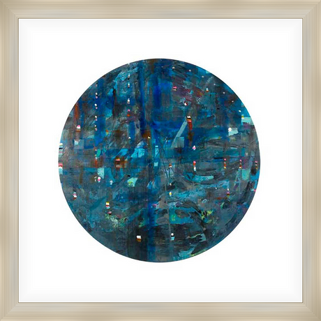 Abstract artwork featuring a deep blue circular composition with overlapping brushstrokes and subtle pops of color. This piece evokes a sense of depth and visual interest.