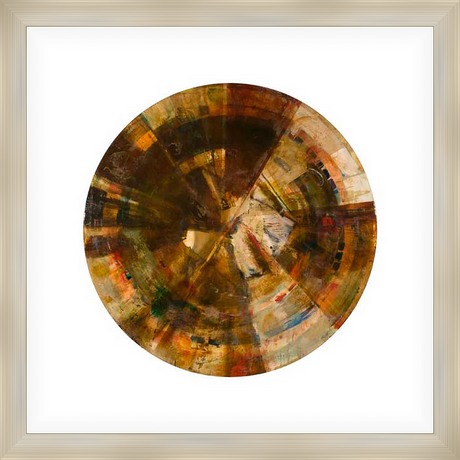 This artwork presents a captivating abstract composition in a circular form, blending multiple colors and textures to create a dynamic visual experience. This piece evokes a sense of depth and movement.