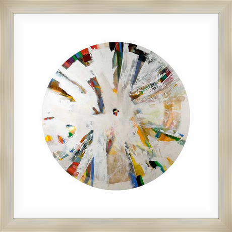 This captivating abstract artwork features a bold circular composition, radiating from a central focal point, with dynamic brushstrokes in a palette of vibrant colors, creating a striking visual impact and artistic flair.