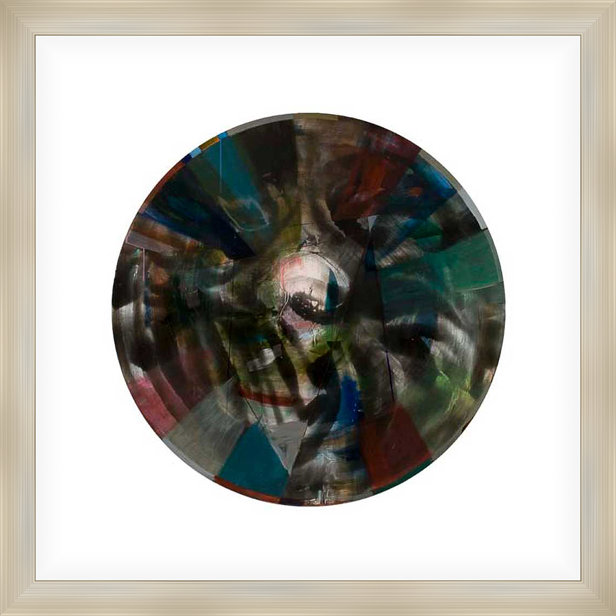 This abstract artwork features a circular composition with a dynamic interplay of colors and textures. The central focus is a textured, multi-layered design that evokes a sense of depth and movement. The piece incorporates a spectrum of hues with a variety of brushstroke styles.