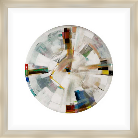 This captivating abstract artwork features a dynamic composition within a circular format, showcasing a blend of geometric shapes and brushstrokes. The piece employs a rich palette of colors to create depth and visual interest.