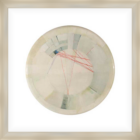 This unique artwork presents a circular composition, featuring a delicate blend of geometric shapes and intersecting lines. The piece uses a subtle palette, creating a sense of harmony and refined artistry.