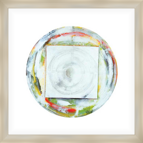 This abstract artwork features a central square element within a circular composition, employing dynamic brushstrokes and a rich interplay of colors. The piece evokes a sense of movement and depth, blending geometric precision with expressive artistic flair, perfect for adding visual interest to any space.