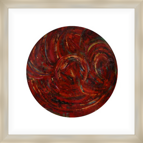 A vibrant abstract artwork showcases a captivating interplay of colors and textures within a circular composition, evocative of energy and motion. This piece adds a dynamic touch to any space.